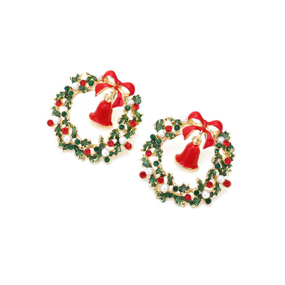 Christmas Alloy Drop Oil Inlaid Zircon Leaf Wreath Earrings Bow Knot Bell Earrings