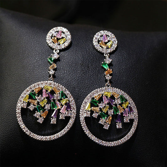 Colorful Zircon Circle Sweet Fashion Stud Earrings Wedding Dress Long Earrings for Women