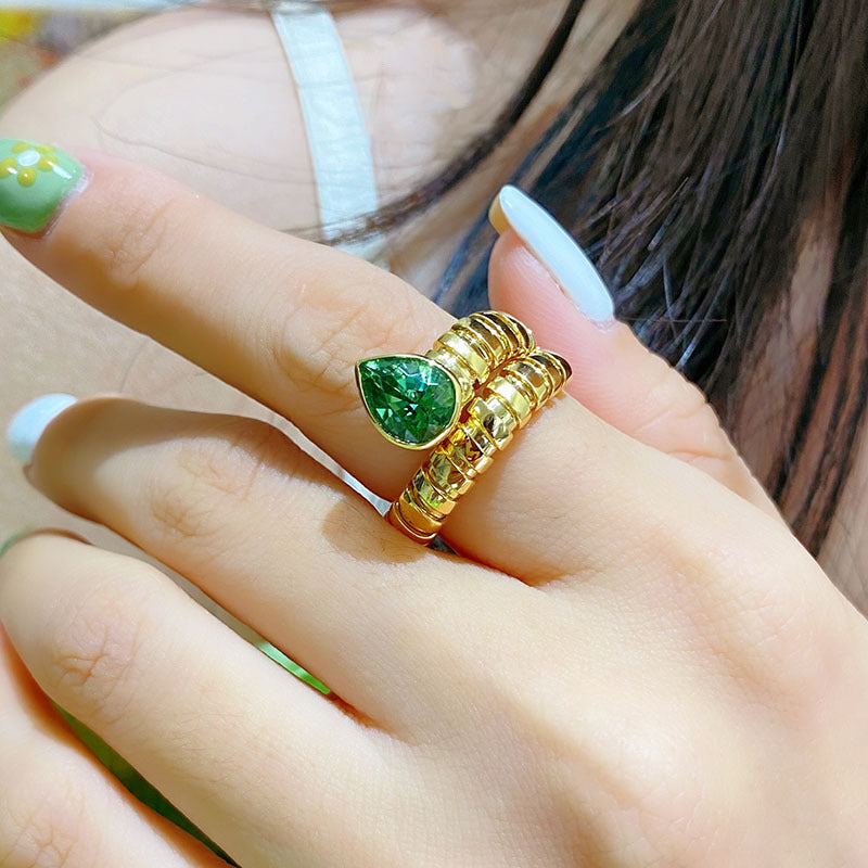 Medieval Style Gold Snake Ring Rich Green Tourmaline Ring