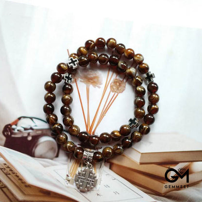 Tiger Eye Cross Pendant Rosary Bracelet