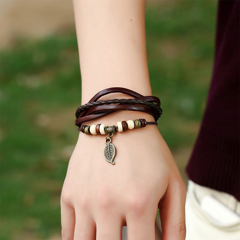 Braided Vintage Leaf Pendant Leather Bracelet