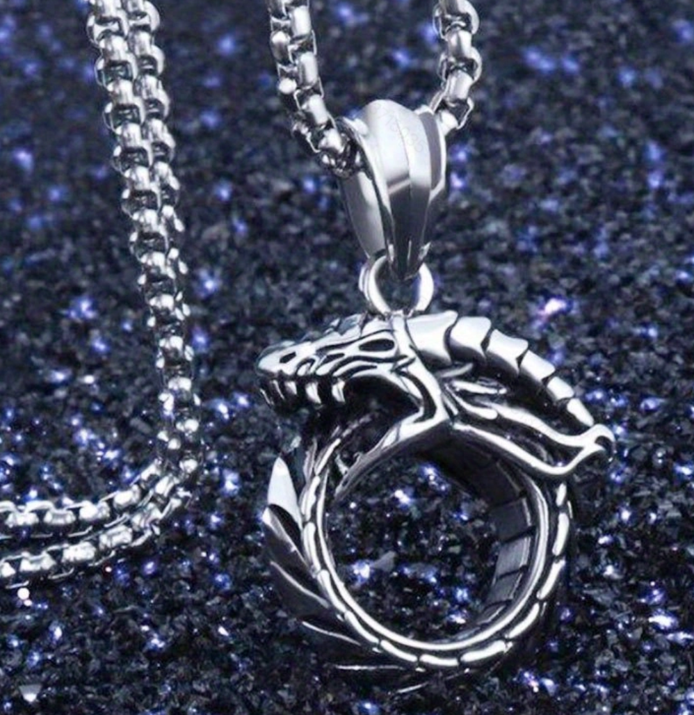 Men's Stainless Steel Ouroboros Dragon Pendant Necklace