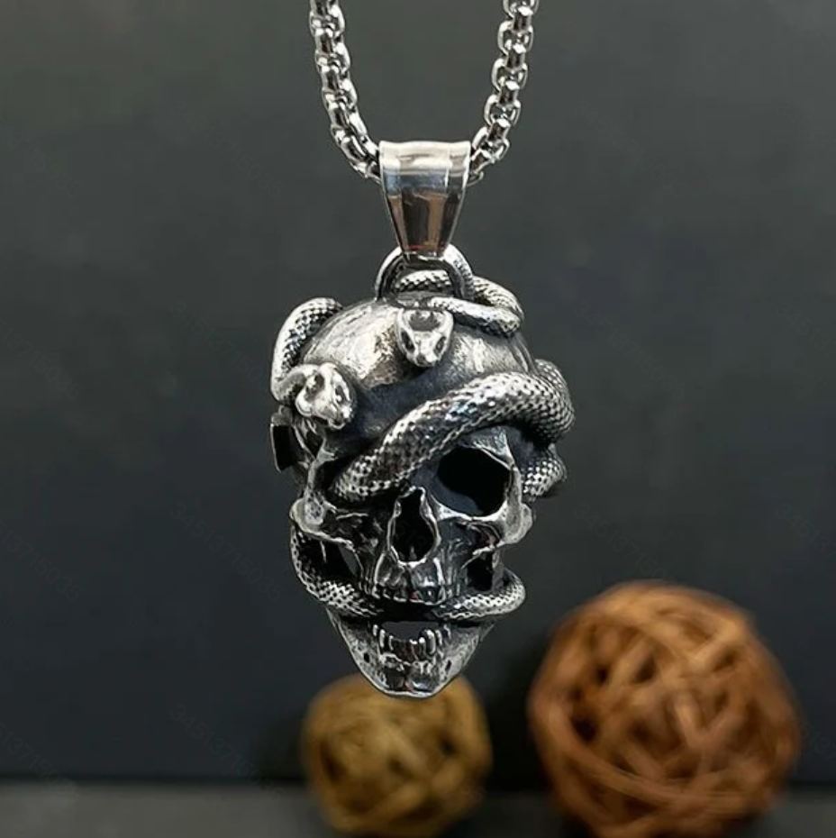 Retro Punk Double Snake Head Skull Pendant Necklace