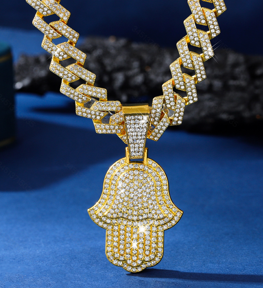 A hip hop Cuban chain necklace full of zircon trend Fatima Hands pendant