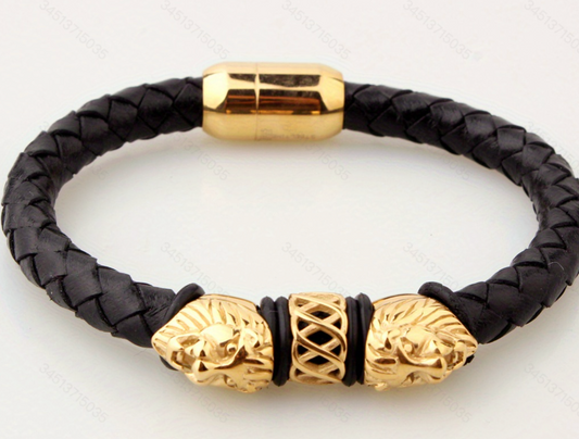 Men's Braided Leather Bracelet with Stainless Steel Lion Head Beads