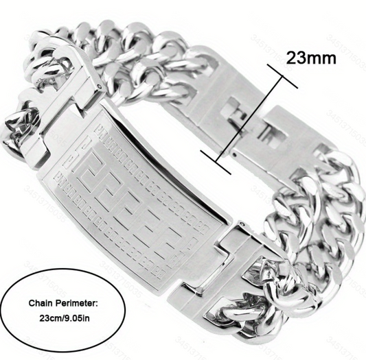 Men's Stainless Steel Cuban Link Chain Bracelet with Engraved ID Plate