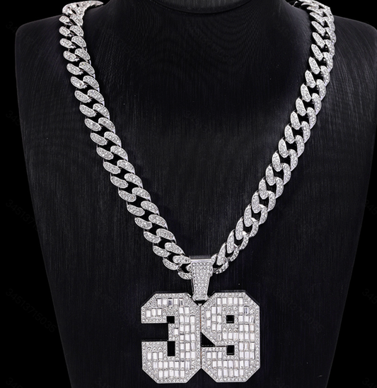 Iced-Out Funky '39' Pendant Necklace with Cuban Link Chain