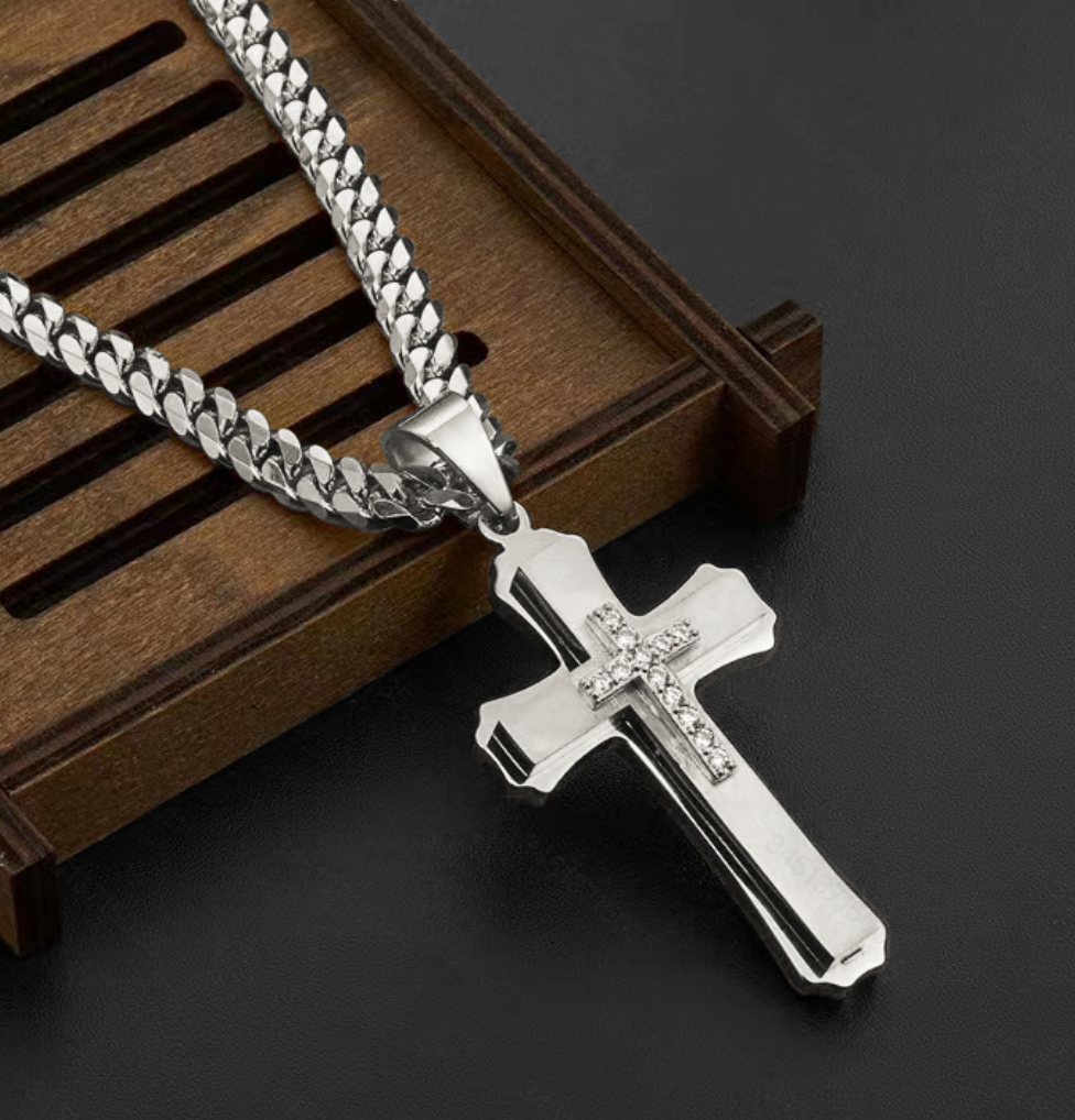 1pc Stainless Steel Men's Layered Cross Pendant Necklace-silvery