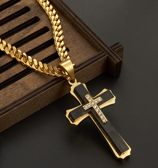 1pc Stainless Steel Men's Layered Cross Pendant Necklace-Black