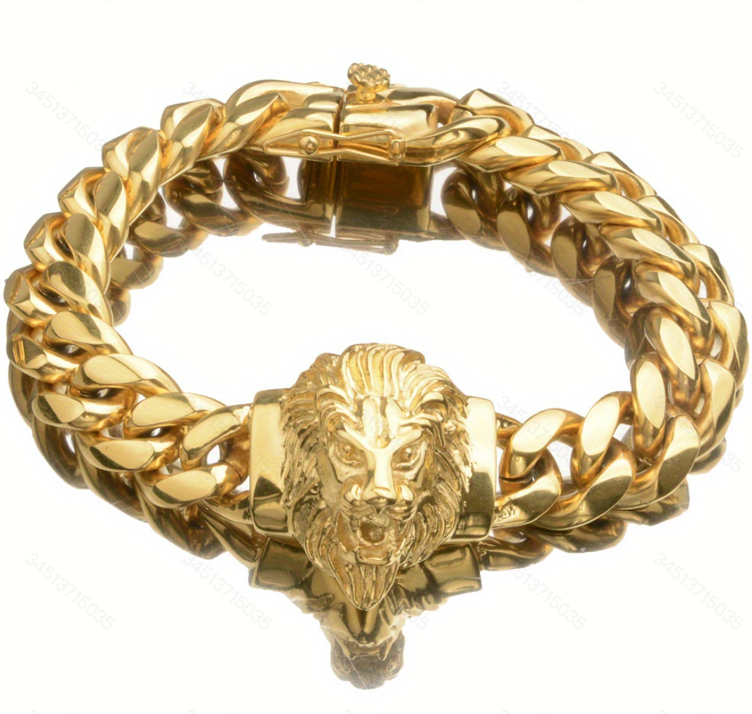 Gold-Tone Stainless Steel 14mm Cuban Link Chain Bracelet with Lion Head for Men