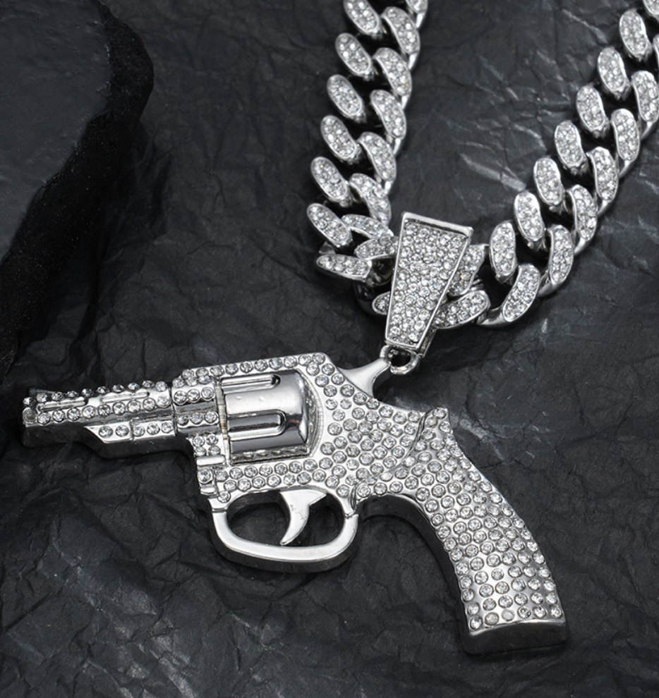 Hip Hop Trendy Gun Pendant Necklace with Micro-Pave Cubic Zirconia