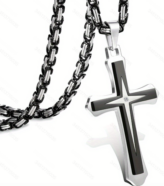 1 Men's Black Gold Stainless Steel Chain Necklace with Cross Pendant