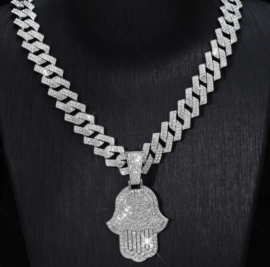 Iced-Out Cubic Zirconia Hamsa Hand Pendant Necklace, Stylish Hip-Hop Cuban Chain