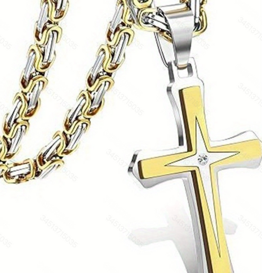 1 Men's Black Gold Stainless Steel Chain Necklace with Cross Pendant