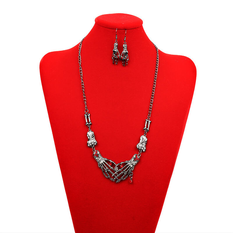 Halloween Skeleton Hand Bones Necklace Earrings Set