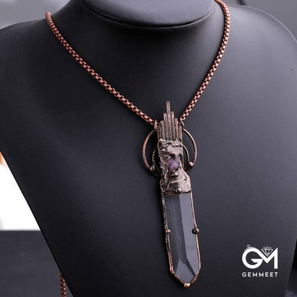 Clear Crystal Copper Vintage Sword Pendant Gemstone Necklace