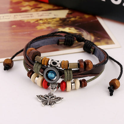 Beaded Cowhide Bracelet Multilayer Woven Vintage Butterfly Pendant Leather Bracelet