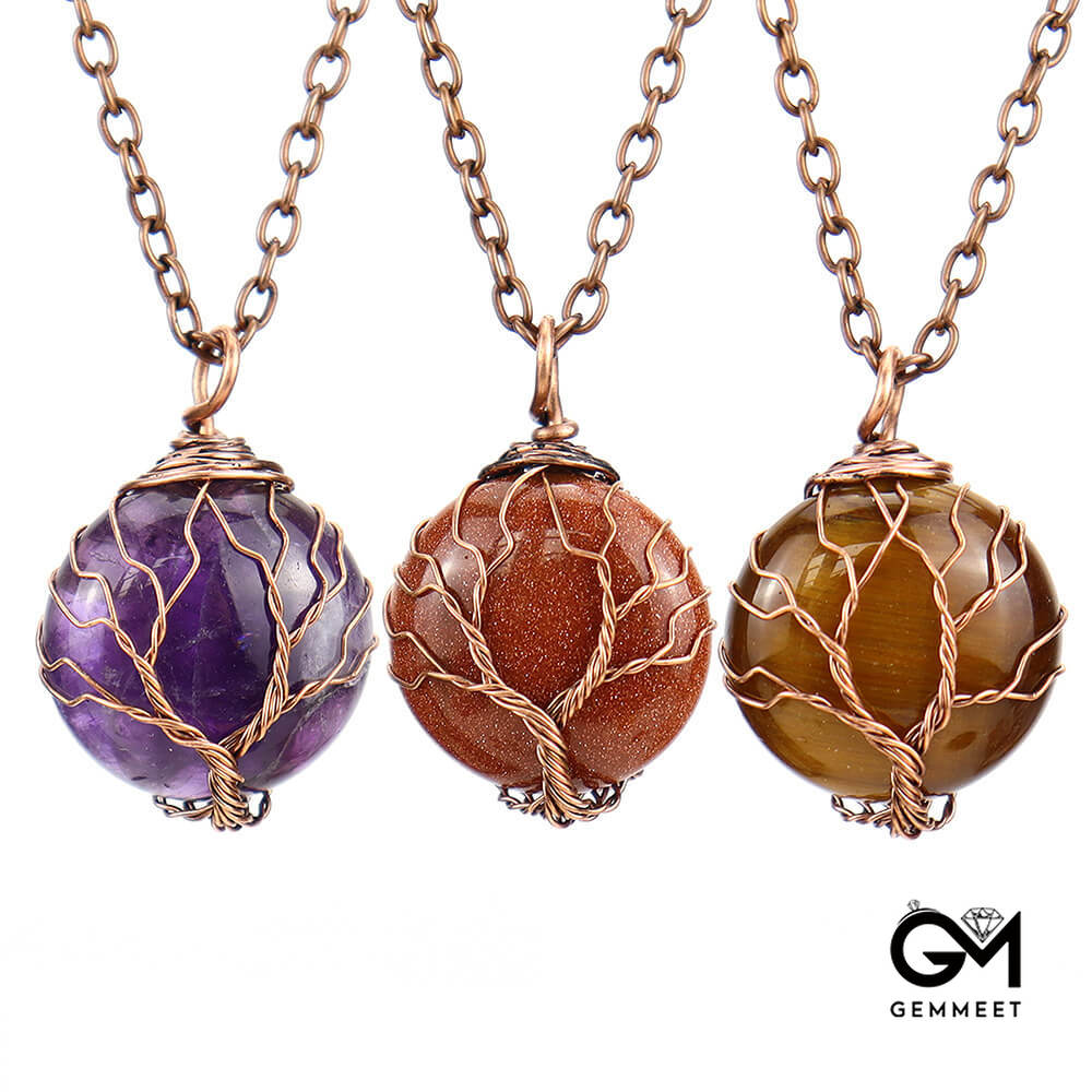 Crystal Circle Wrapped Tree of Life Pendant Necklace