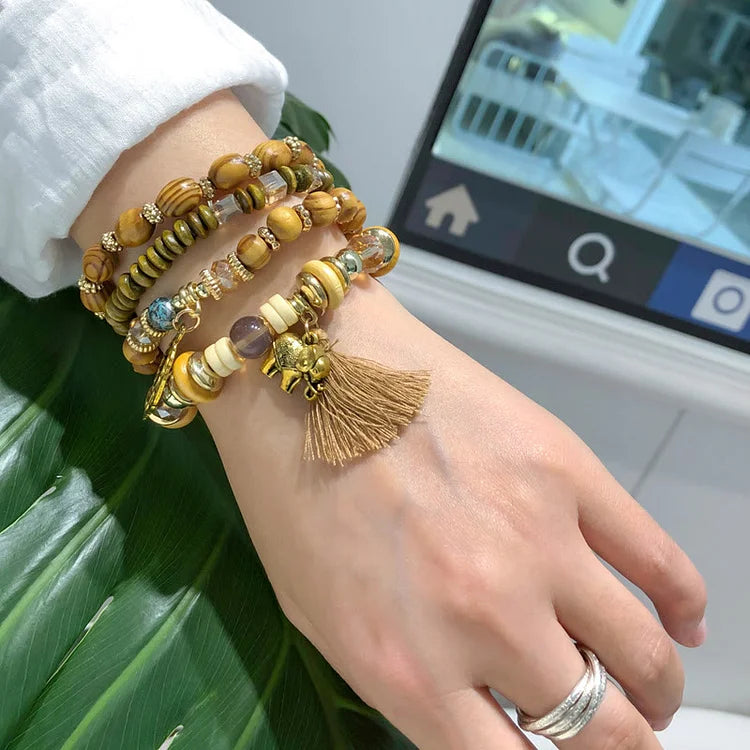 Bohemia Elephant Leaf Tassel Pendant Bracelet Set