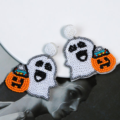 Halloween Cute Spooky Pumpkin Head Hand-Sewn Rice Bead Earrings