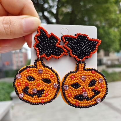 Halloween Funny Pumpkin Head Handmade Rice Bead Earrings