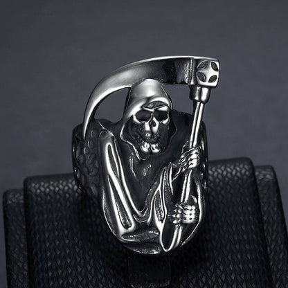 Halloween Punk Vintage Ring Polished Skull Reaper's Scythe Men's Ring