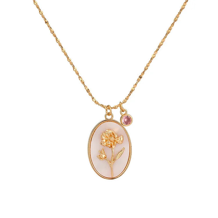 Birth Stone With Birth Flower Necklace