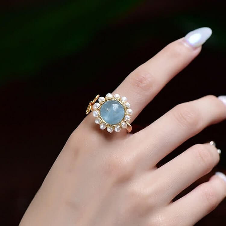 Aquamarine With Pearl Retro Ring