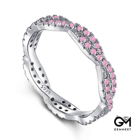 S925 Sterling Silver Crossed Pink Zircon Ring