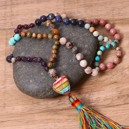 Gorgeous Natural Stones Chakra Triangle Pendant Mala Necklace