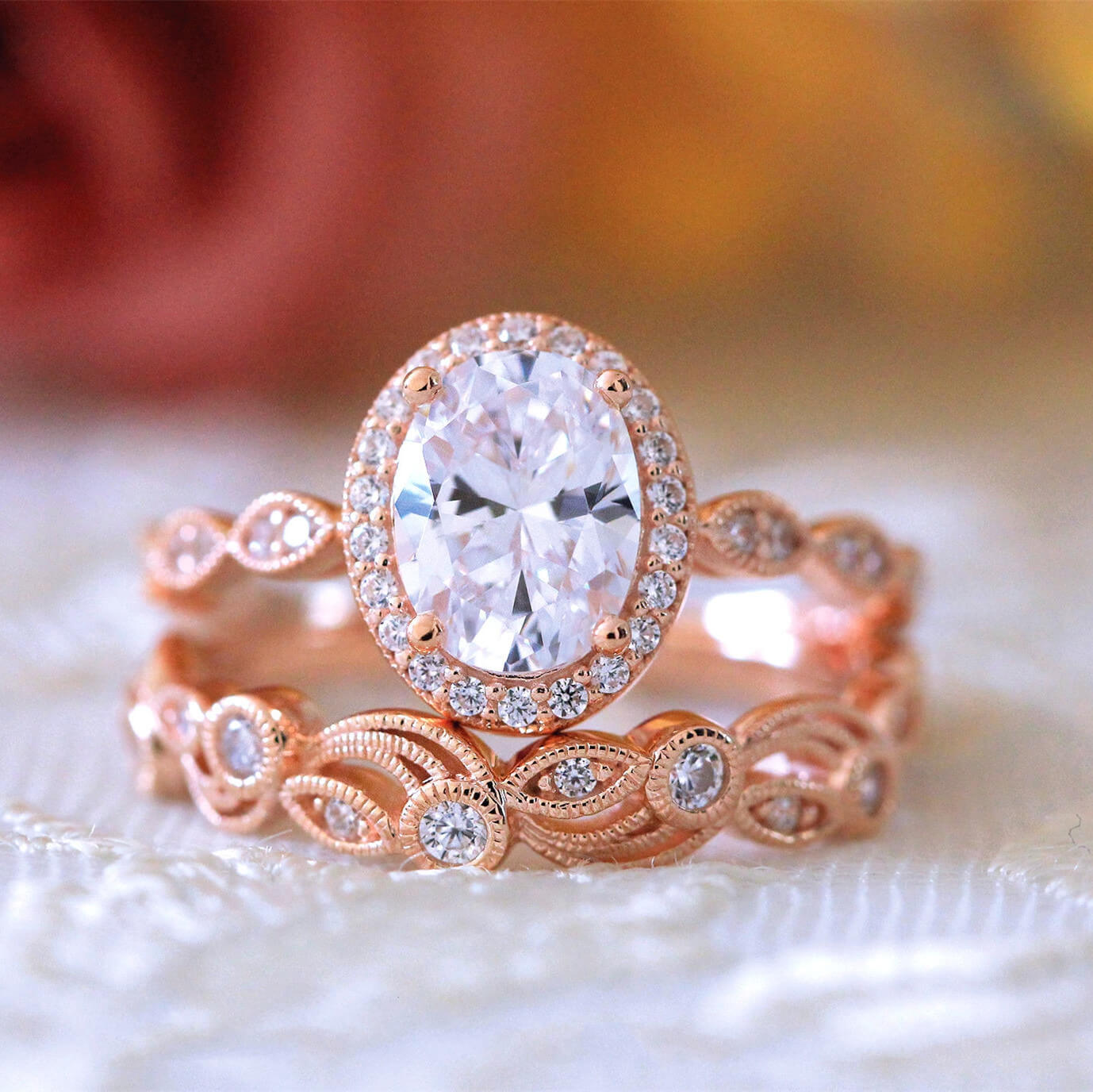 Hollow Design Oval Cut - 2 Pieces Ring