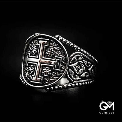 Titanium Steel Lorraine Cross Boiled Black Polished Ring