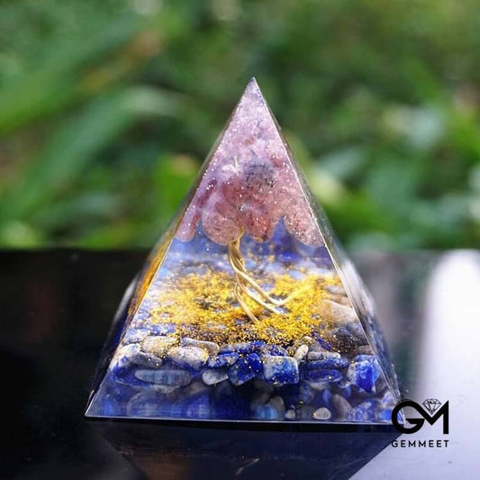 Lapis Lazuli With Strawberry Quartz Tree Of Life Orgone Pyramid