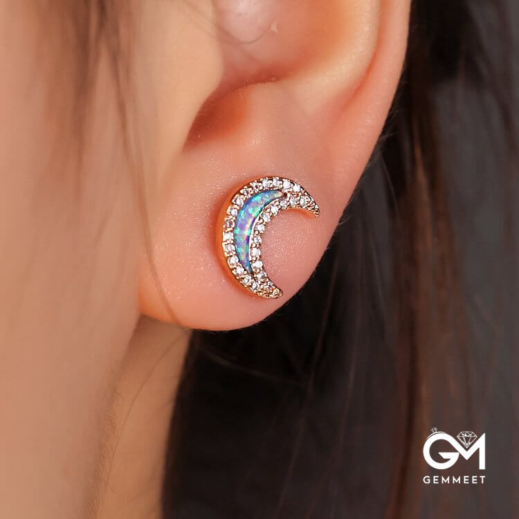 Blue Opal Zircon Moon Shape Earrings