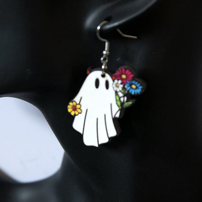 Halloween Gift Cute Spooky Flower Wooden Earrings