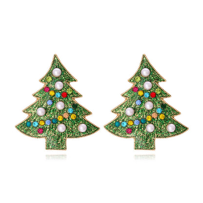 Christmas Earrings New Alloy Drop Oil Imitation Pearl Christmas Tree Earrings Female Cute Color Zircon Earrings