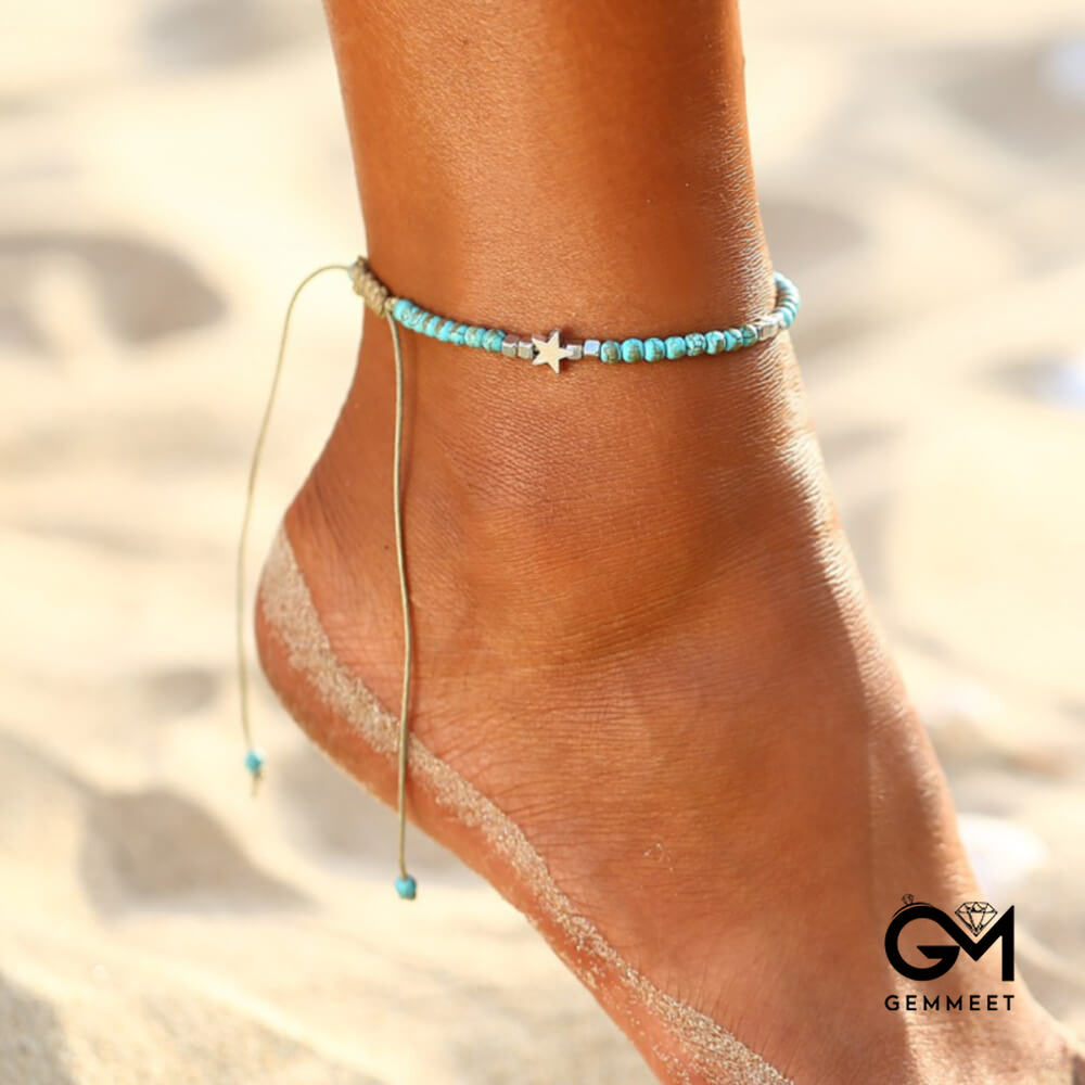 Bohemian Pentagram Turquoise Star Cube Bead Anklet