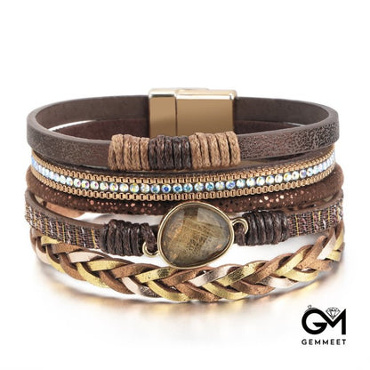 Golden Rutilated Quartz Woven Multi-layered Leather Bracelet