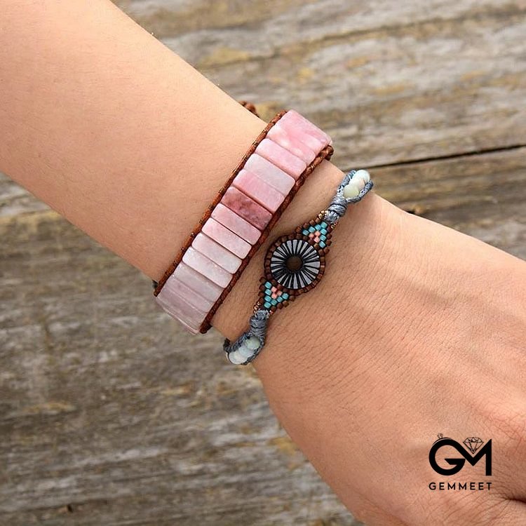 Color Stones Square Leather String Wrap Bracelet