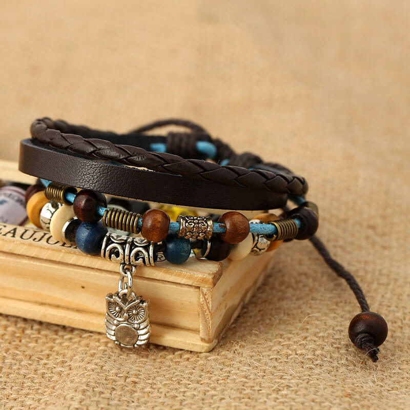 Vintage Beaded Leather Statement Owl Charm Leather Bracelet