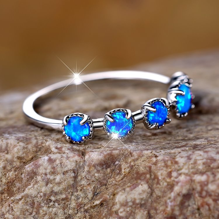 Five Blue White Opal Simple Designs Ring