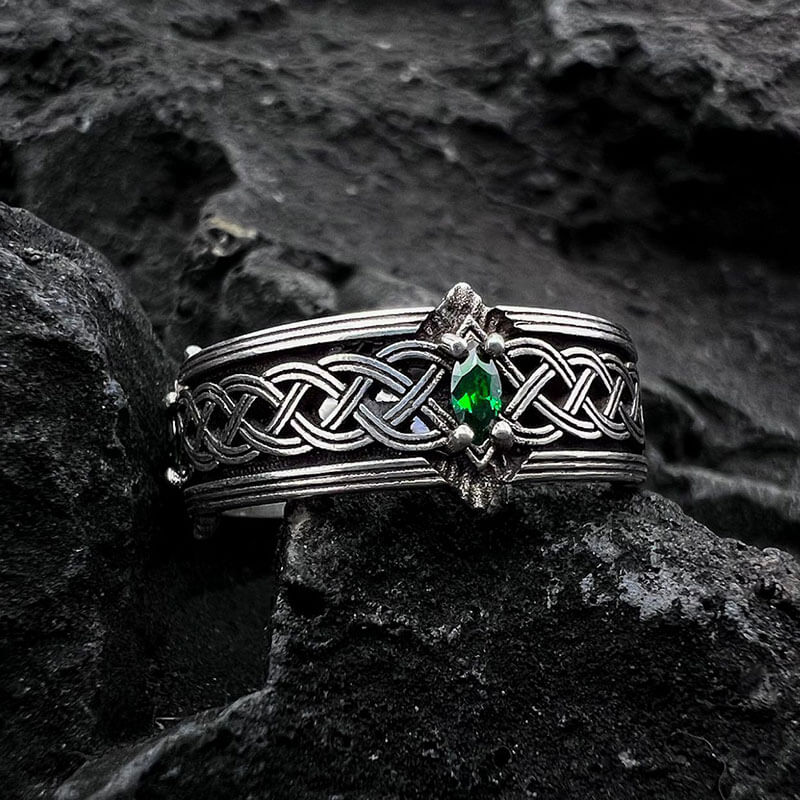 Green Gem Rope Totem Thick Adjustable Band Ring