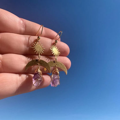 Rising Sun Moon Amethyst Witch Earrings