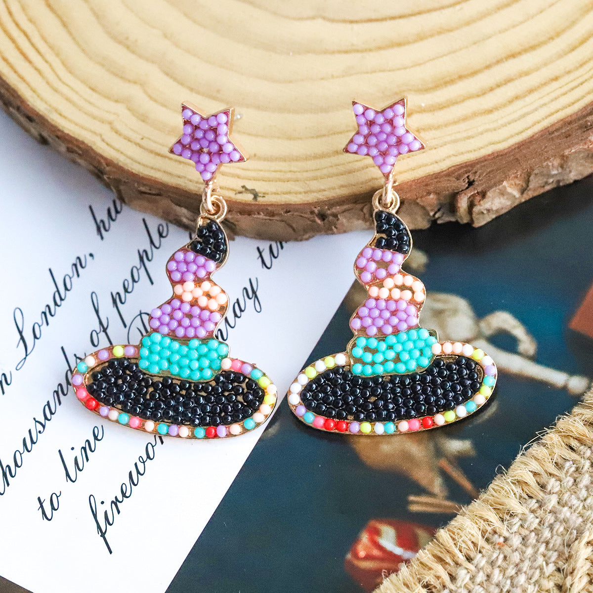 Halloween Cartoon Witch Magic Hat Rice Beads Earrings