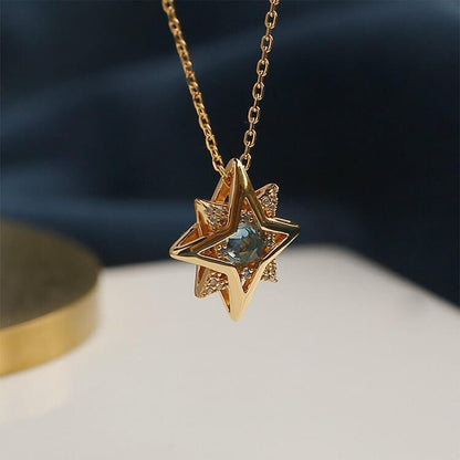 Natural Blue Topaz Octagram Pendant Necklace