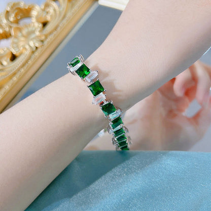 New Light Luxury Imitation Emerald Bracelet Brilliant Colorful Gemstone Princess Solitaire Adjustable Green Diamond Bracelet