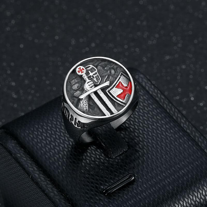 Templar Templar Inscription Red Epoxy Cross Men's Ring