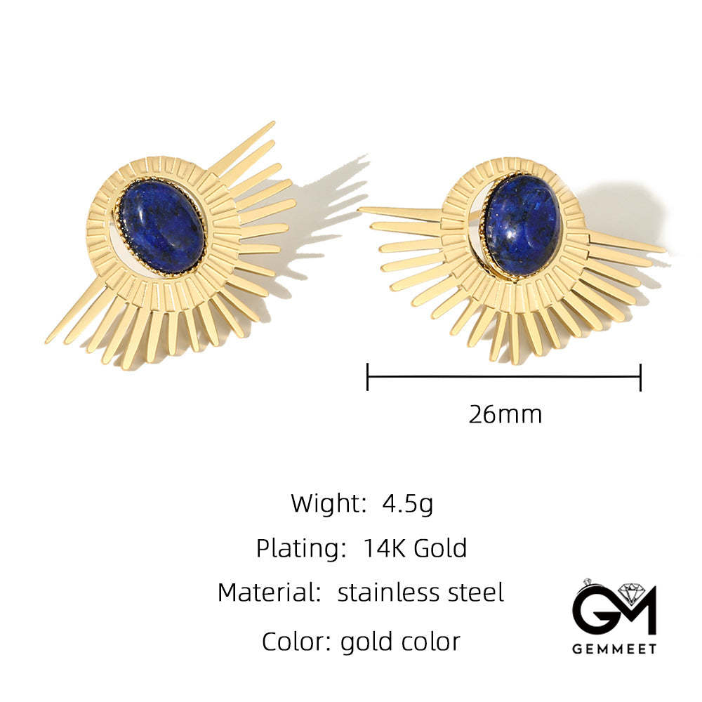 Retro Oval Cut Stone Sun Shape Stud Earrings