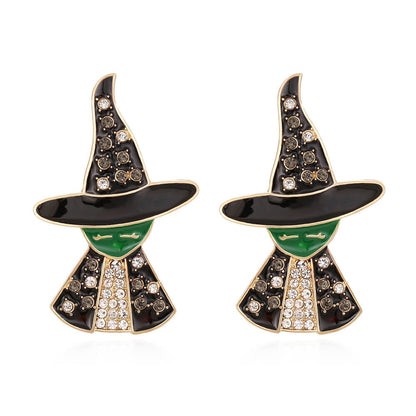 Halloween Witch Stud Earrings Alloy Inlaid Zircon Retro Drip Oil Figure Earrings