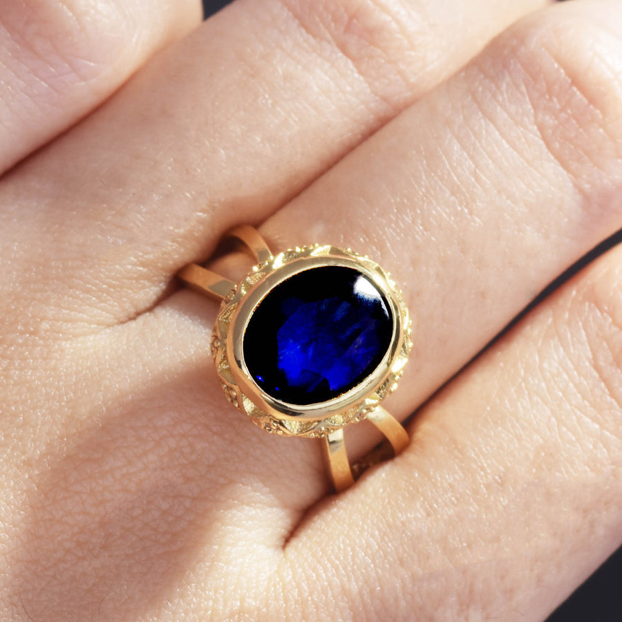 Golden Blue Sapphire Women Ring